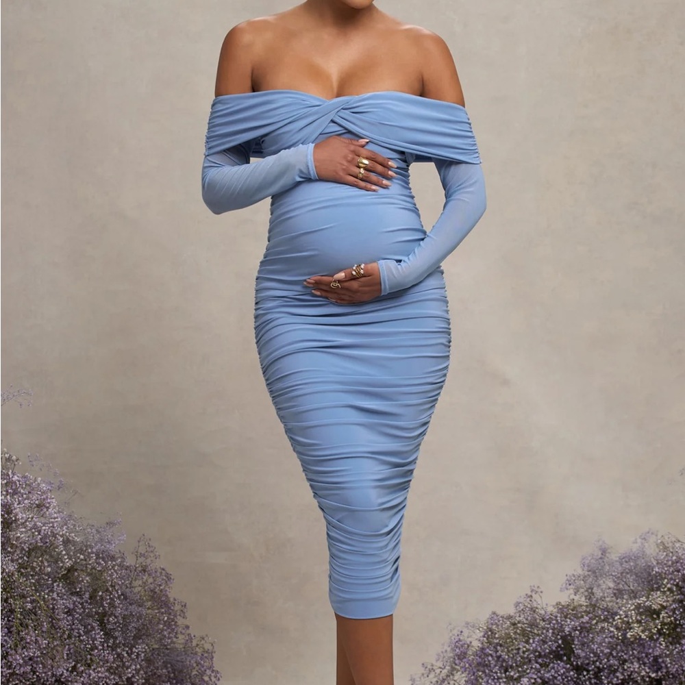 Club L London Blue Off-Shoulder Ruched Maternity Dress